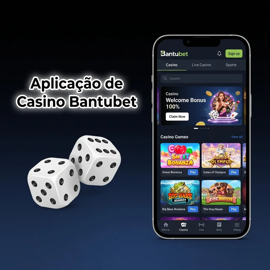 Ecrã da aplicação Bantubet mostrando jogos de casino, slots e opções de casino ao vivo com dealers reais