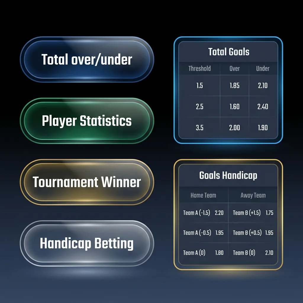 Diagram showing different betting types: single, multiple, system, Asian handicap, and special bets with icons